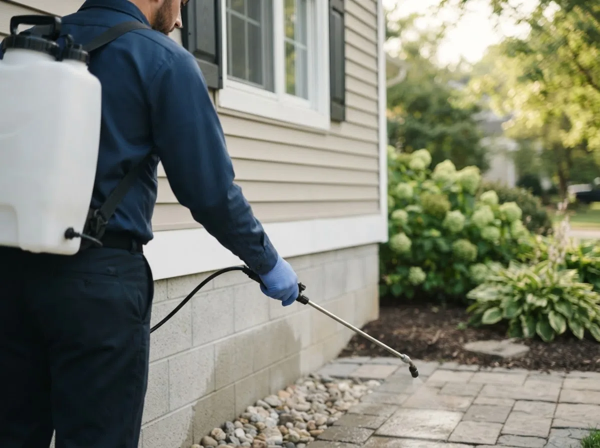 Pest control technician inspecting a home in Avera, GA
